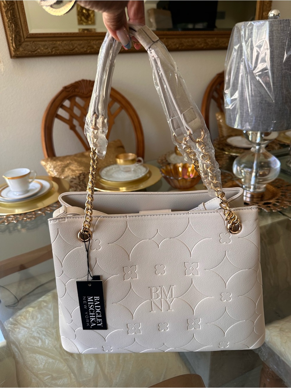 Badgley Mischka Embossed Cream Chain-Handle Shoulder Bag